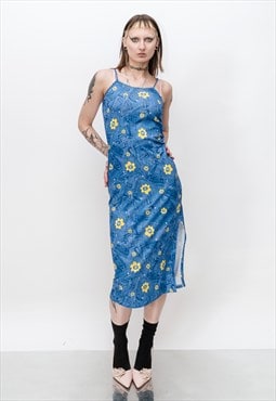 90's Vintage whimsy denim & floral print sundress in blue