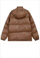 FAUX LEATHER BOMBER JACKET COLLEGE PUFFER RETRO COAT BROWN