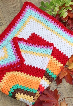Vintage 70s Handmade Crochet Colourful Stripe Picnic Blanket