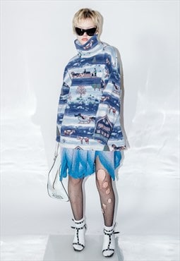 90's Vintage snowy sights fleece jumper in blue tones