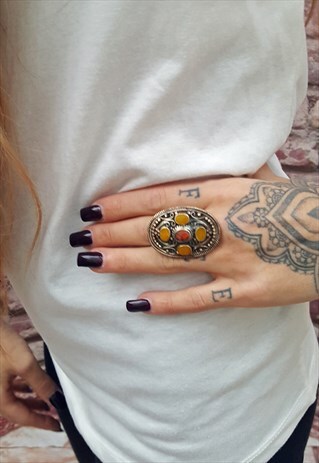 SILVER AMBER AND CORAL RING