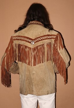 Vintage 60s suede leather fringed concho coin jacket - mediu