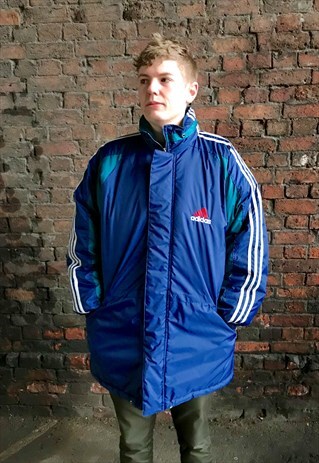 VINTAGE ADIDAS RARE FOOTBALL MANAGER BLUE COAT SPELLOUT LOGO