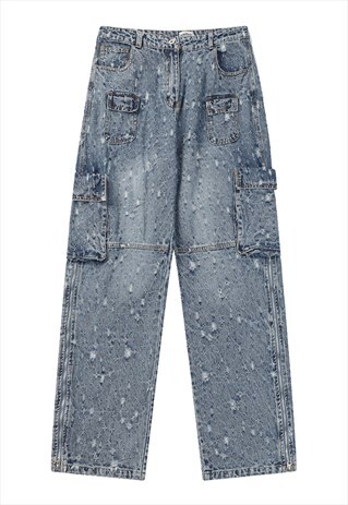 Cargo pocket jeans utility wide denim pants in acid blue
