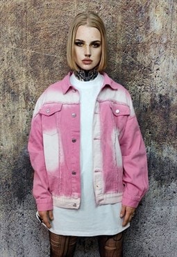 Ripped denim jacket jean washed out bomber in pastel pink