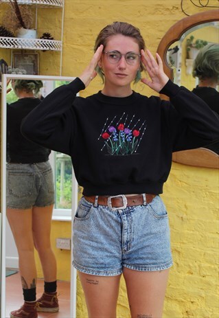 UPCYCLED REWORK CROPPED BLACK FLORAL USA SWEATER SIZE S/M