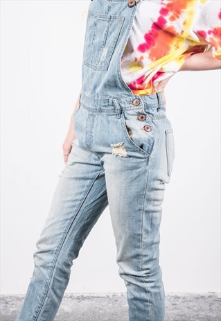 VINTAGE BLUE DENIM RIPPED DUNGAREES