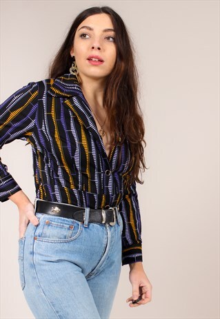 VINTAGE 70S SPOT STRIPE PRINT BLACK BLOUSE