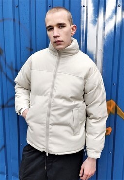  Faux leather bomber rubber padded puffer jacket in cream