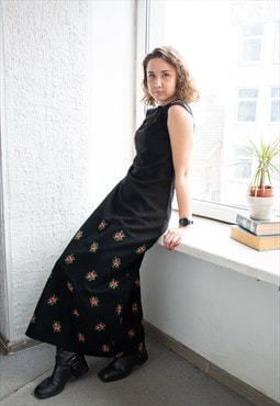 Vintage 60's Black Wool Blend Embroidered Maxi Dress