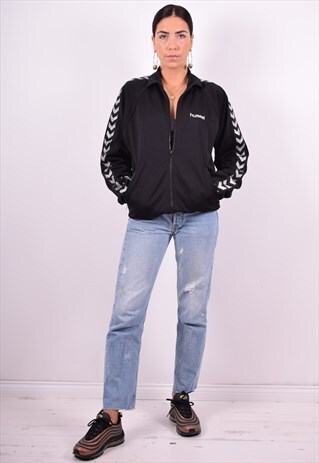 HUMMEL WOMENS VINTAGE TRACKSUIT TOP JACKET LARGE BLACK 90'S
