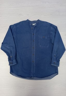 Vintage Jaeger Shirt Blue Cotton Collarless Button Up