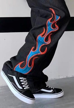Blue Flame Embroidery Y2K Grunge Street Joggers
