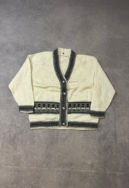 Vintage Abstract Knitted Cardigan Cute People Patterned Knit