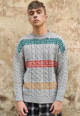 Horizontal stripe sweater Zigzag knitted jumper in grey