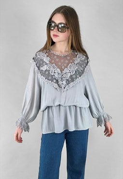 80's Vintage Ladies Blouse Grey Lace Top 3/4 Length Sleeves