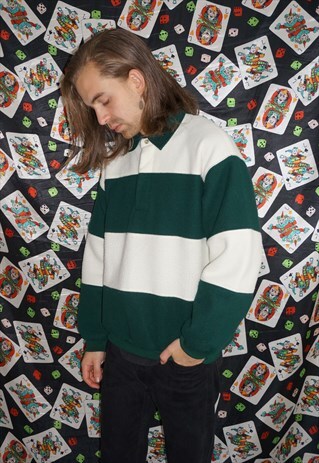 VINTAGE 80'S BLOCK CREAM / GREEN STRIPED SWEATSHIRT
