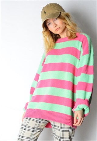 VINTAGE 90S MINT GREEN PINK STRIPED JUMPER.