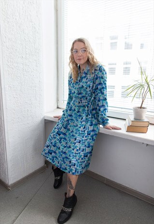 VINTAGE 80'S BLUE ABSTRACT PRINT BELTED LONG SLEEVED DRESS
