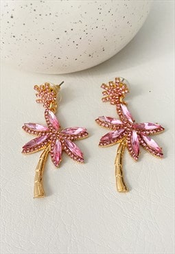 Jewelled Palm Tree Earrings in Pink and Gold
