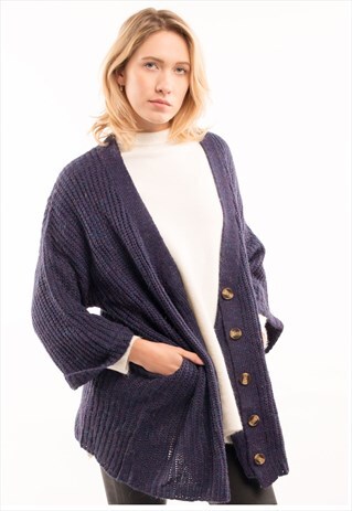 NAVY BLUE WOOL BLEND KNITTED CARDIGAN WITH FRONT POCKETS