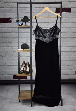 00s Vintage Glitz Glam Black Velvet Beaded Maxi Cami Dress