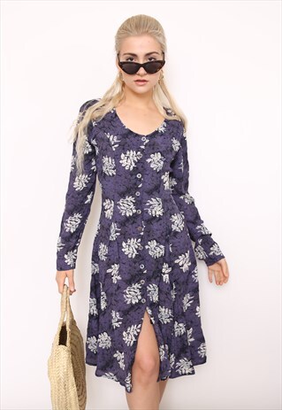 VINTAGE 90S NAVY FLORAL LONG SLEEVE MIDI DRESS