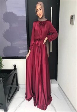 Red Satin Belted Long Sleeve Modest Abaya Maxi Dress