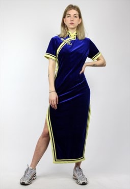 Vintage Y2K Cheongsam Velvet Maxi Dress BLue Medium