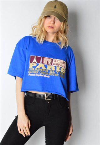REWORKED VINTAGE 90S BLUE PARIS CROPPED T-SHIRT