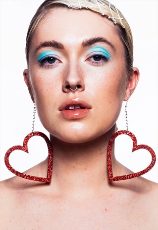 RED HOLOGRAPHIC GLITTER XL HOLLOW HEART EARRINGS