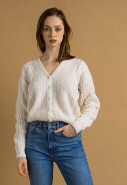 Casual Round Neck White Buttons Up Sweater Cardigan 6928 