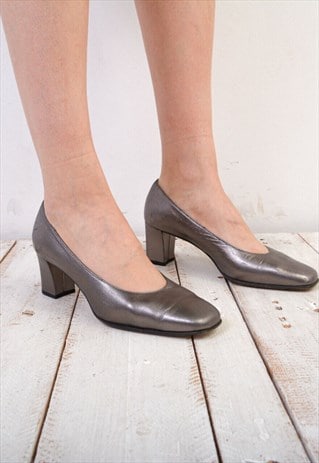 VINTAGE WOMEN 80'S BALLY SILVER UK 5 LEATHER HEELS US 7,5 