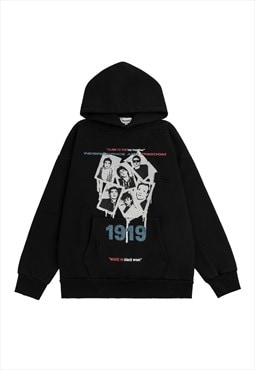 80s print hoodie Gothic pullover old wash punk jumper black