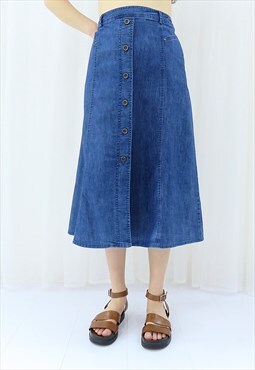 Y2K Vintage Blue Denim Midi Skirt (Size XL)