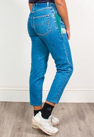 VINTAGE 90'S BLUE DENIM COLOUR PATCH HIGH WAIST MOM JEANS