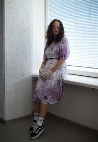 VINTAGE 80'S PURPLE/WHITE MIDI PUFF SLEEVED DRESS