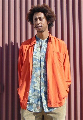 90S MINIMALIST LUXURY WOOL BLEND ORANGE SILK SHIRT LARGE