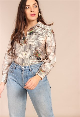 VINTAGE 70S BLOUSE IN GRAPHIC FLORAL PRINT