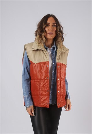 VINTAGE WRANGLER GILET JACKET ORANGE BEIGE UK 16 - 18 (LAC)