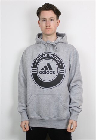 VINTAGE ADIDAS BOXING HOODIE IN GREY WITH GRAPHIC PRINT LOGO