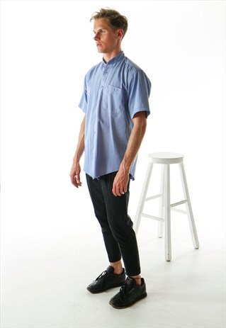 MAO COLLAR BLUE SHIRT / SHORT SLEEVE SHIRT