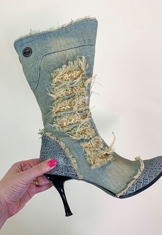 VINTAGE Y2K DENIM DIAMANTE STILETTO BOOTS - UK 5 / EURO 38