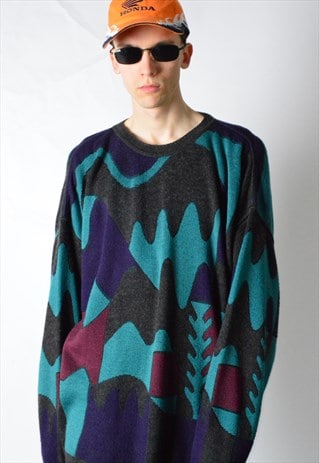 VINTAGE 80S ABSTRACT WOOL BLEND KNIT JUMPER