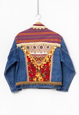 Boho denim jacket embellished upcycled festival reworked