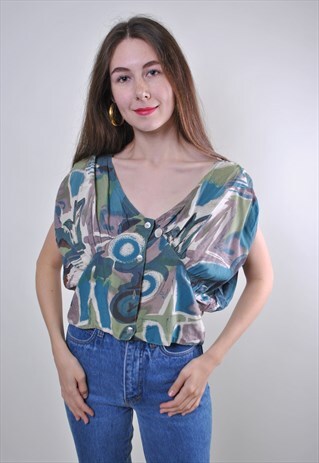 WOMAN VINTAGE ABSTRACT PRINT COTTON PARTY BLOUSE