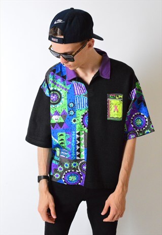 VINTAGE 80S BLACK COLOURFUL POWER GYM TOP