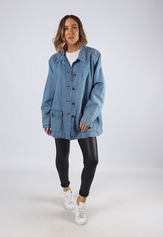VINTAGE DENIM JACKET OVERSIZED CHECKED LINED UK 16 (9E1I)