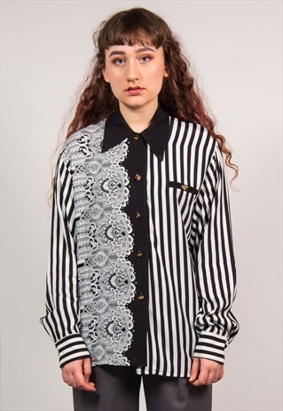 VINTAGE 90'S BLACK & WHITE STRIPED PAISLEY SHIRT BLOUSE
