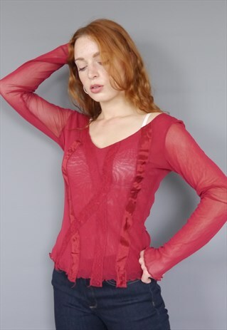 VINTAGE Y2K RED MESH LONG FLARED SLEEVE SATIN LACE PANEL TOP